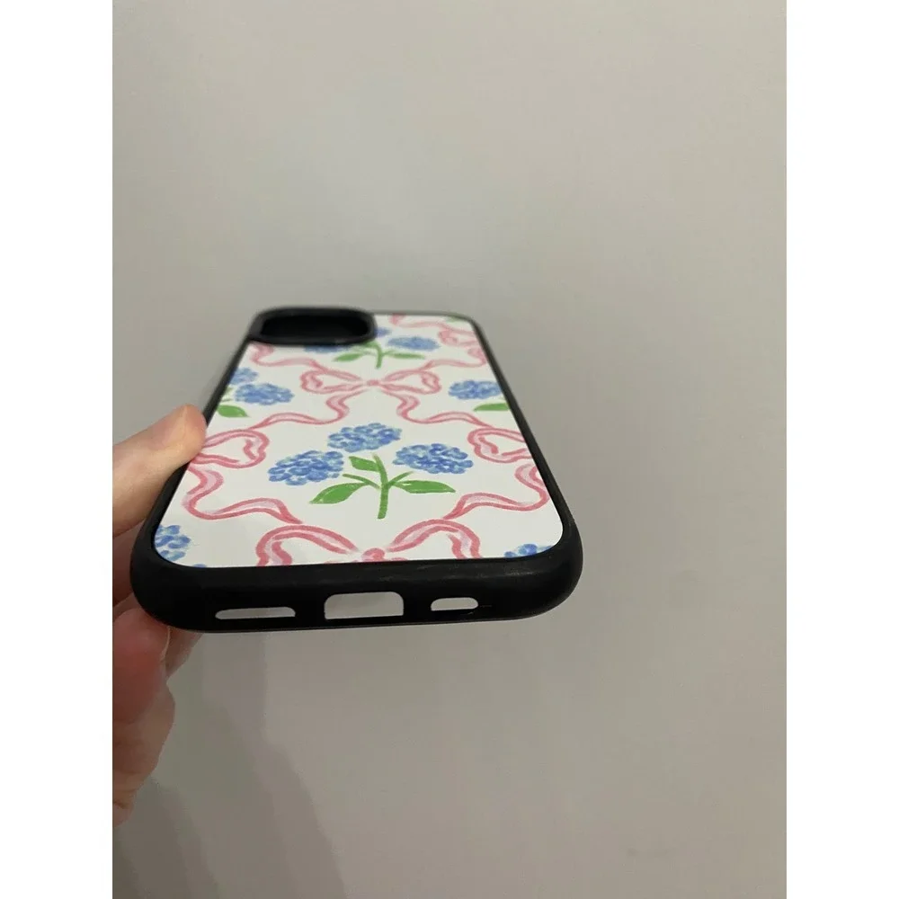 iPhone 15 Case Unisex One Size White Pink Blue Hydrangea Bow Floral Coquette